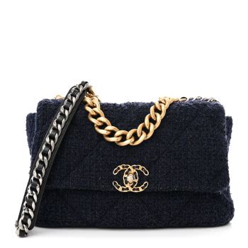 CHANEL Tweed Quilted Large Chanel 19 Flap Navy Blue